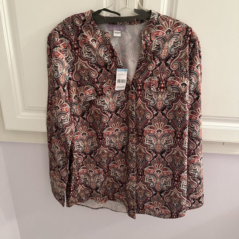 Laura Scott Women's Brown Button-Up Asymmetrical Blouse Size L – Casual Chic Top